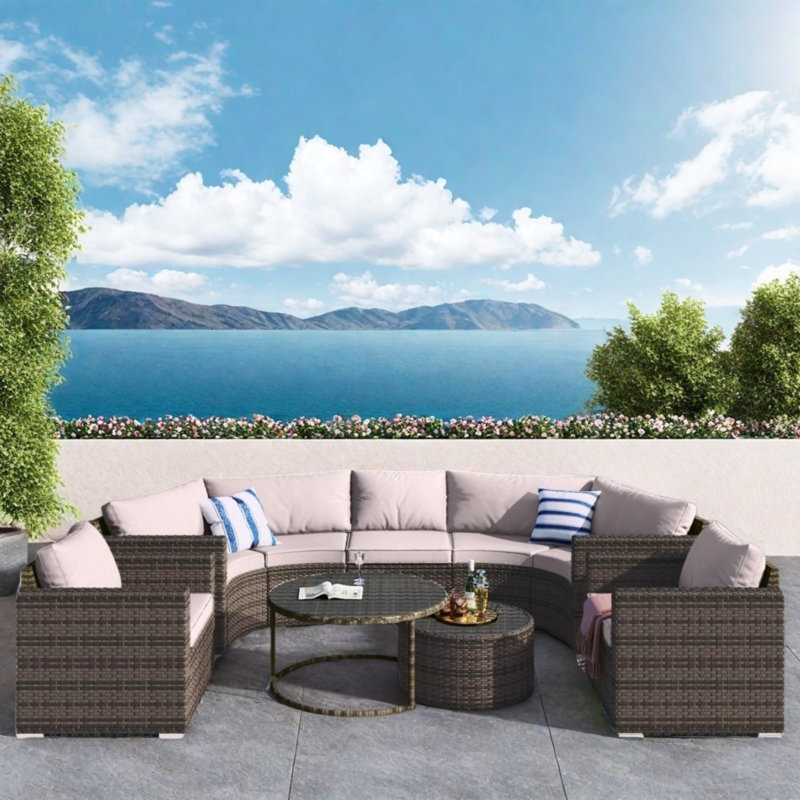 9-piece Outdoor Half-moon Wicker Conversation Sets With 1 Nesting Coffee Table And Tempered Glass Top