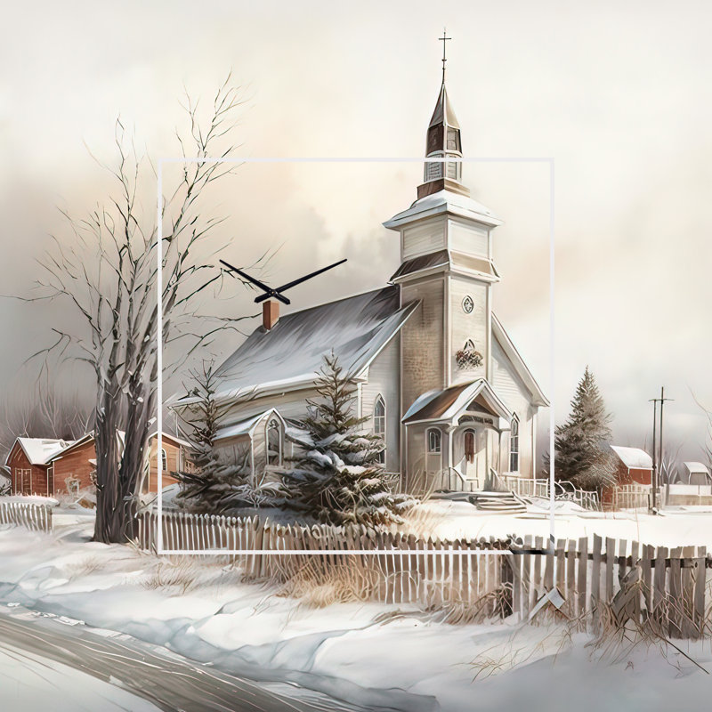 Église en campagne pendant l'hiver IV - horloge murale paysage asymétrique en métal, impression d'horloge murale de forme unique traditionnelle