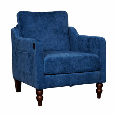 Chaise d'appoint en chenille Accent avec port de charge USB, Mid +, Soft +, éponge rebond à haut soutien, dossier large ergonomique, pieds en bois rétro, fauteuil rembourré confortable avec rangement latéral pour la chambre du salon.