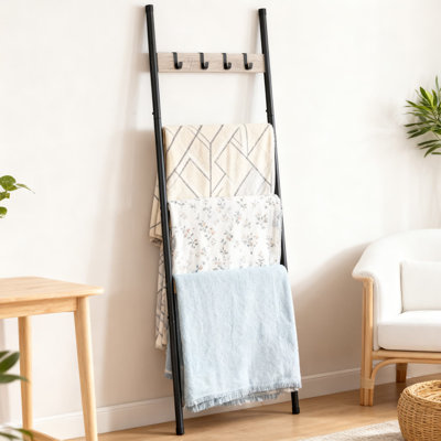 5-Tier Blanket Ladder With Hooks, Wall-Leaning Towel Rack For Blankets, Scarves & Decor, Industrial Rustic Display Shelf For Living Room, Bedroom