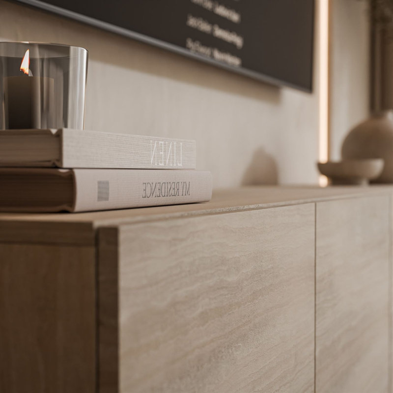 COLGANTE TRAVERTINE 200 cm TV Stand with Legs, Angled Gold Legs