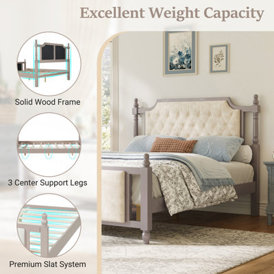 Très grande plateforme tapissier avec tête de lit capitonnée à boutons, lit de ferme en bois massif avec tête et pied de lit en velours, aucun sommier tapissier requis, style champêtre français moderne pour la chambre à coucher, taupe