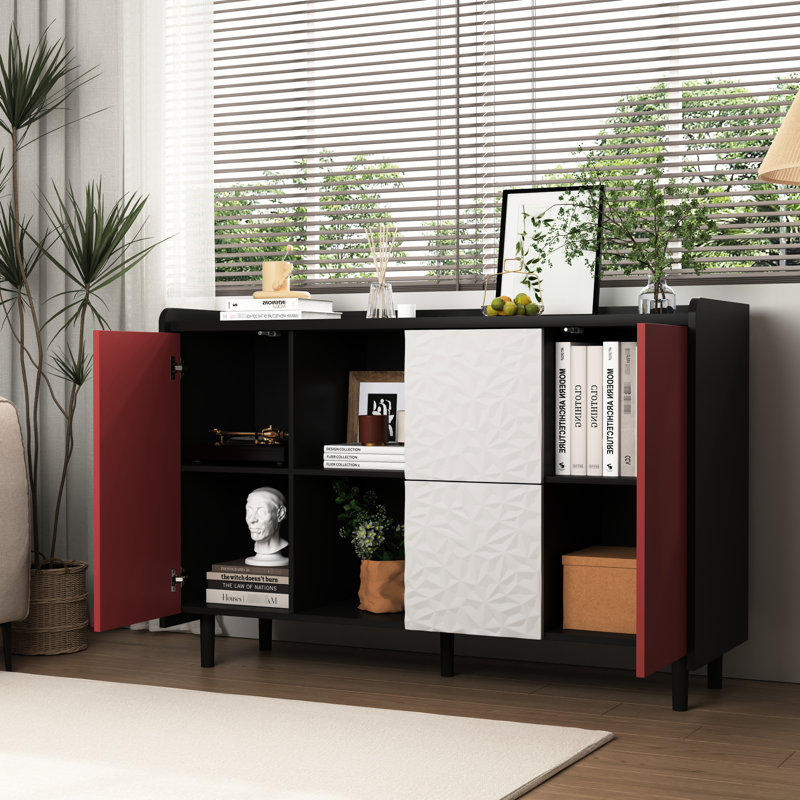 Buffet noir et rouge, 2 tiroirs et espaces de rangement ouverts pour la cuisine, salle à manger moderne avec portes et compartiments