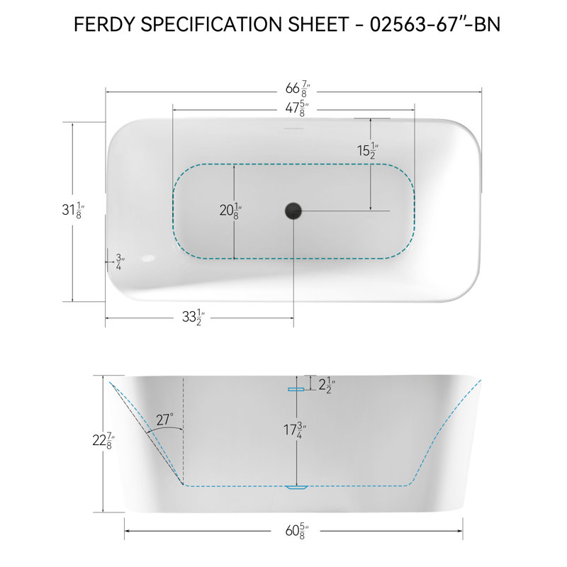 Baignoire autoportante élégante de 67 po FerdY Maui, blanc lustré, certifié cUPC, bonde et trop-plein noir mat avec ensemble de trop-plein inclus