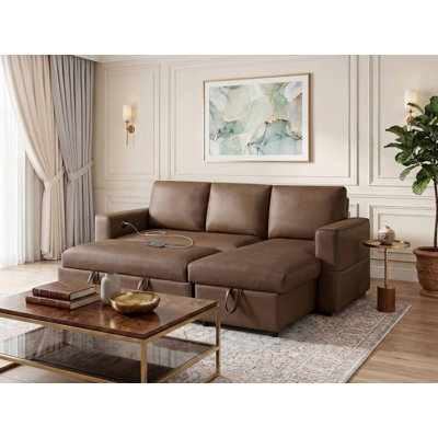 George 95-inch Caramel Pet-Friendly Scratch-Resistant Performance Fabric Convertible Sleeper Sectional with Adjustable Backrests, Memory Foam, Reversible Storage Chaise, and USB Charging Ports