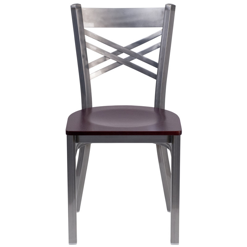 Black and Silver Metal Cross Back Side Chair with Brown Wood Seat