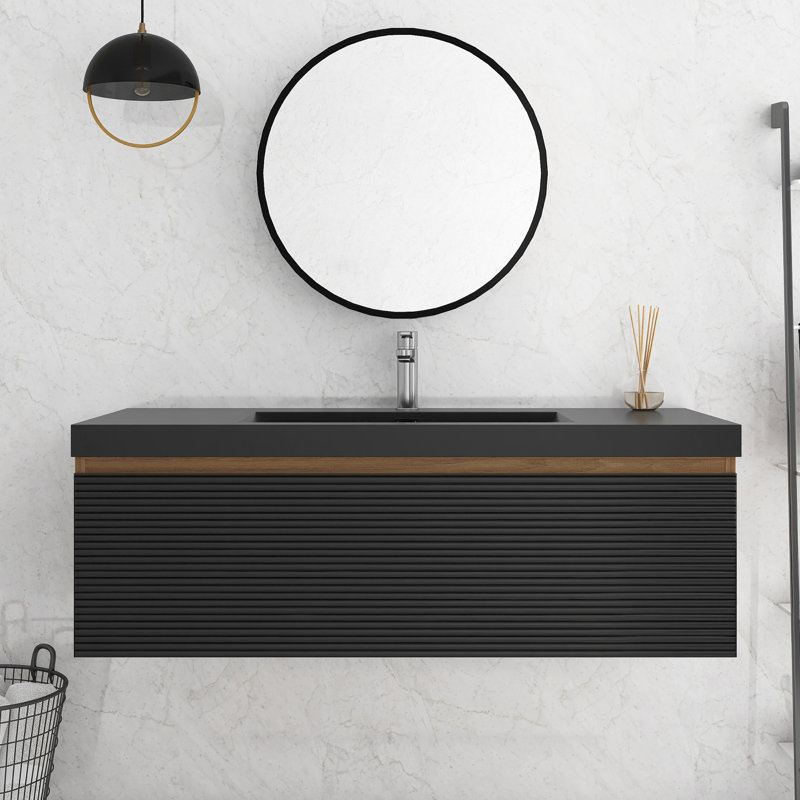 Meuble-lavabo mural simple 48 po en chêne avec plateau en résine intégré