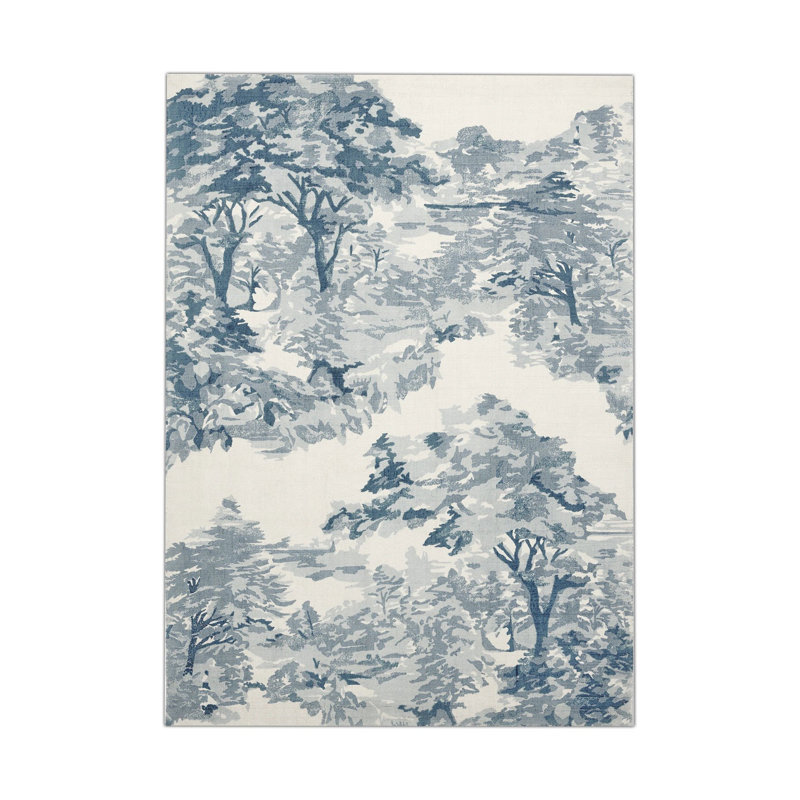 Tapis tissé bleu-blanc à motif naturel, Rectangle 4 pi 7,12 po x 6 pi 6,74 po