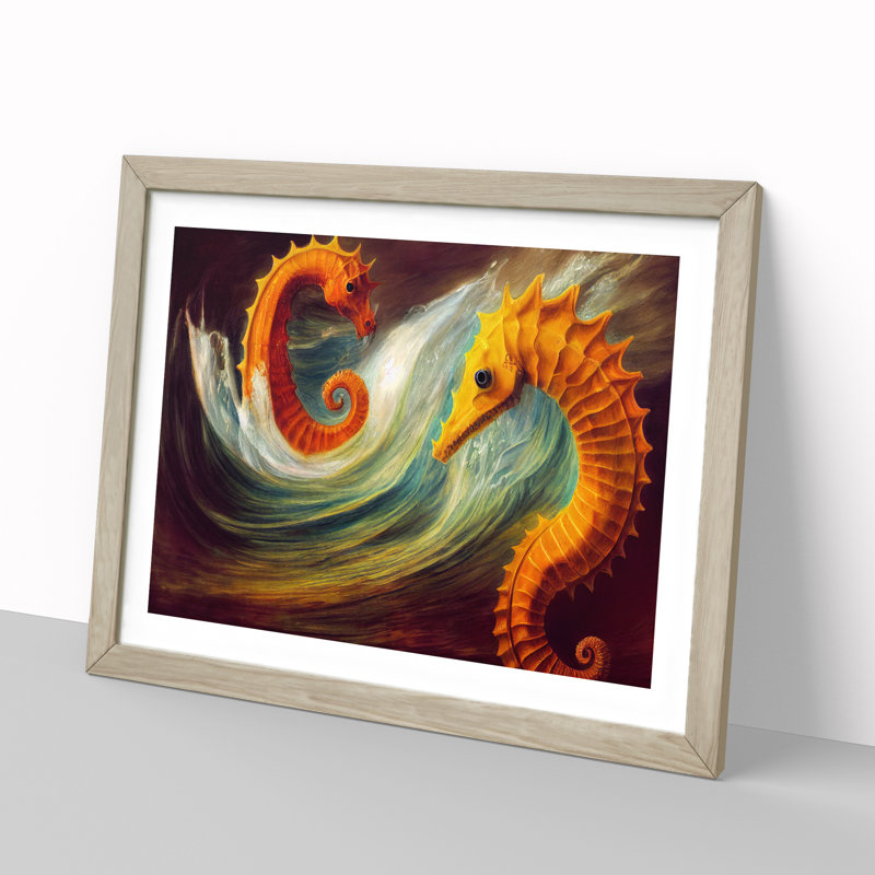 XH1022-7640X Seahorse Painting - Single Picture Frame Painting, 25cm H x 34cm W x 2cm D, Oak 