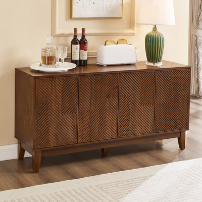56" Mid Century Modern TV Stand with Carved Geometric Doors – Walnut Wood Media Console for Living Room