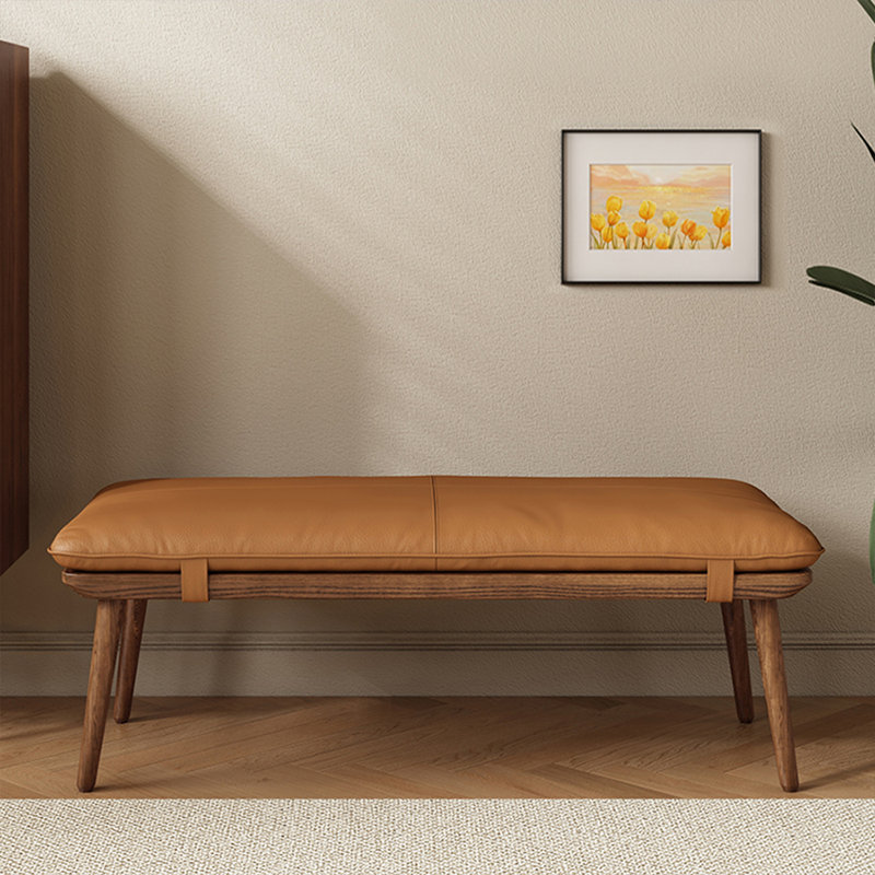Banc rembourré brun + bois massif, 14.96" H x 39.37" W x 14.96" D