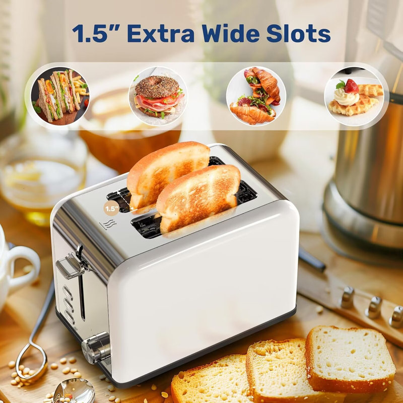 YSSOA Stainless Steel 2 Slice Toaster, 6 Browning Setting and Bagel/Defrost/Cancel Functions, Retro Compact Oven, Extra Wide Slot, Removable Crumb Tray