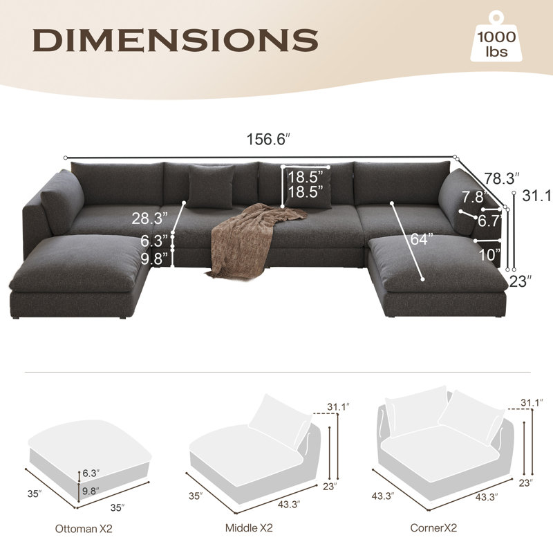 156.6'' Oversized U Shaped 6 Piece Modular Cloud Sectional Sofa with Two Ottoman, Black Linen