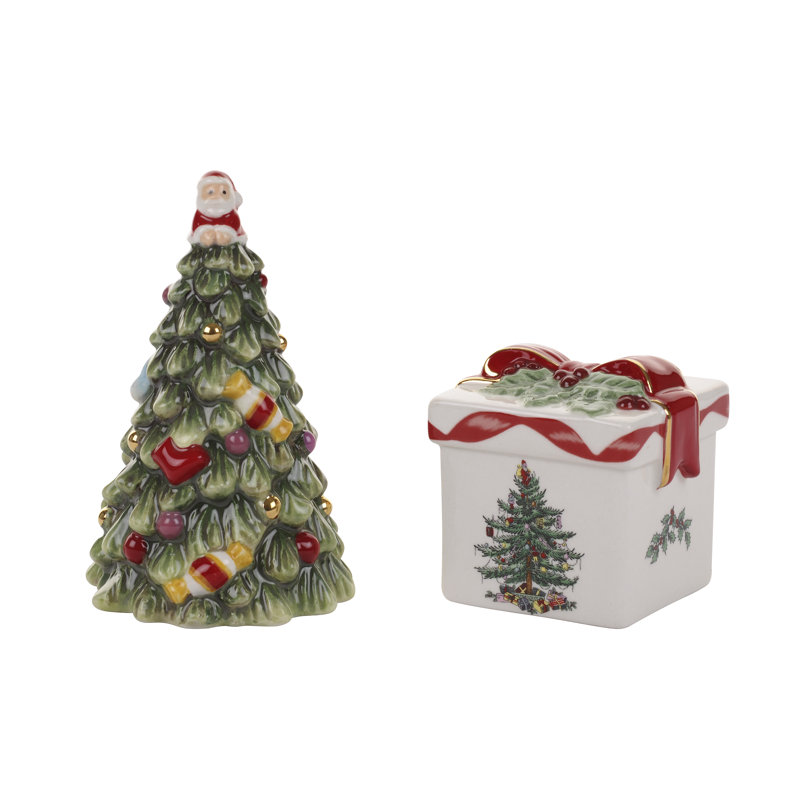 Spode Christmas Tree Figural 2 Piece Tree and Gift Box Salt and Pepper Set
