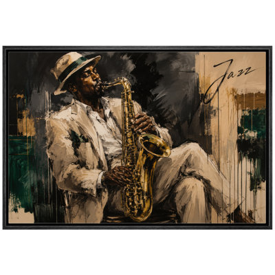 Moody Jazz Saxophone Player In Cream Suit With Emerald Gold Accents Framed Canvas Master Bedroom Wall Art Work Print