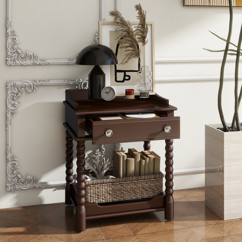 Retro Style Nightstand With Drawer And Open Shelf For Bedroom, Bedside Table With Turned Legs And Metal Handle,, Walnut
