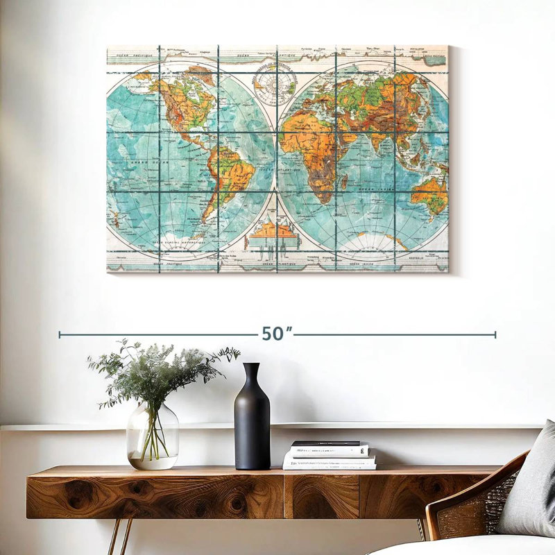 Globe terrestre carte du monde sur toile, H 26 po x l 39 po x P 1,25 po