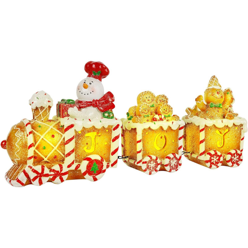 Christmas Tabletop Decorations, LED Lights Gingerbread Man Train, Lighted Resin Christmas Snowman Figurine, Chrsitmas Express Train Table Ornaments For Home Kitchen Fireplace Holiday Décor