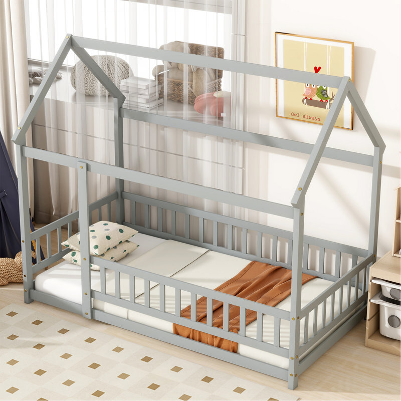 Lit en bois avec structure de toit et garde-corps de sécurité, Twin, Grey