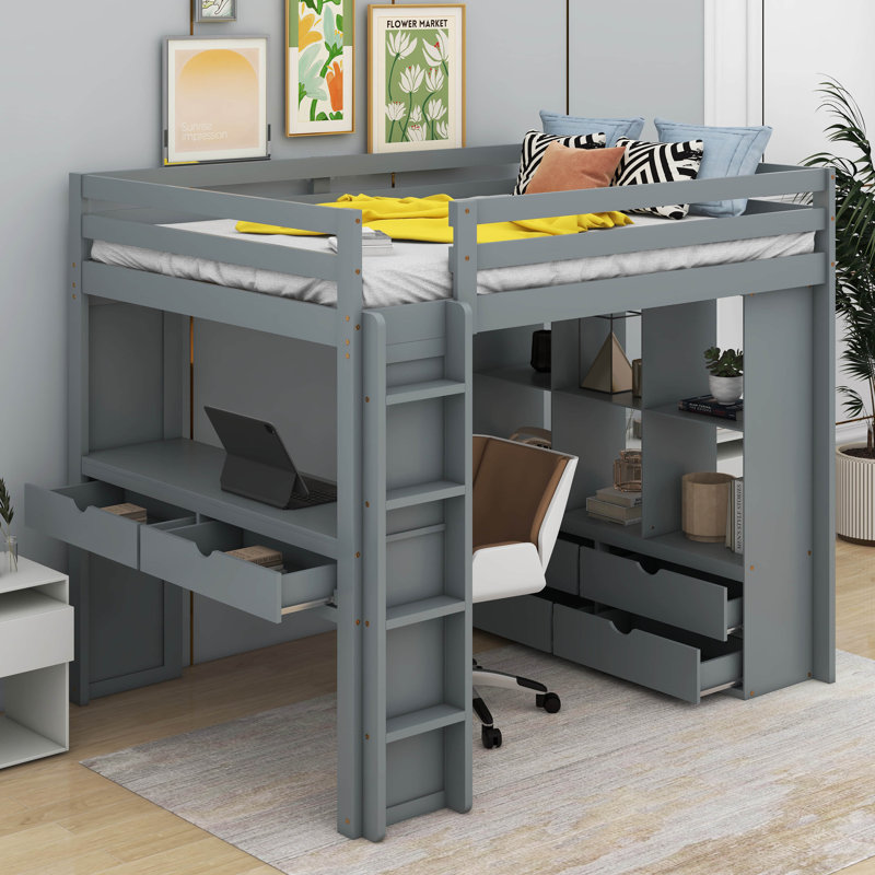 Jarlathus Full 6 Drawer Loft Bed with Bookcase and Built-in-Desk by Munora, Gray