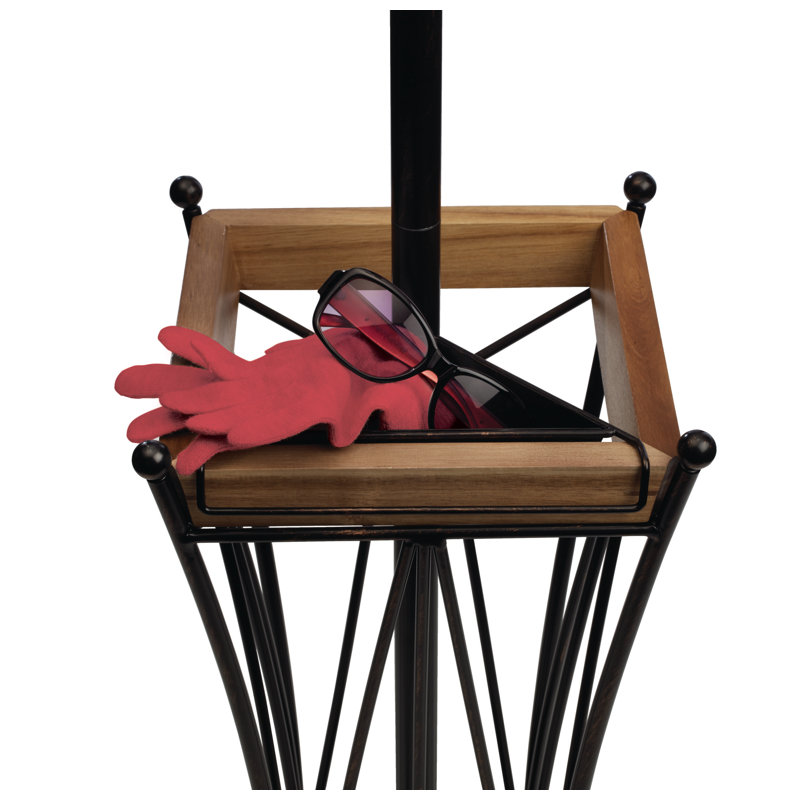 Antique Black and Acacia Wood Coat Rack with Umbrella Stand