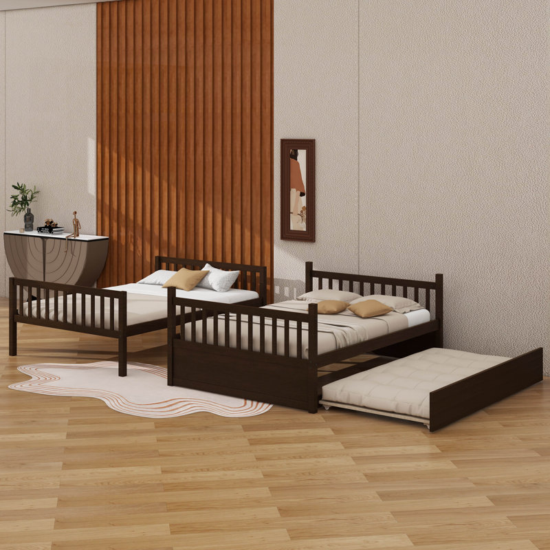 Lit superposé en bois d'hévéa avec lit gigogne extensible, transformable en deux lits séparés, Espresso