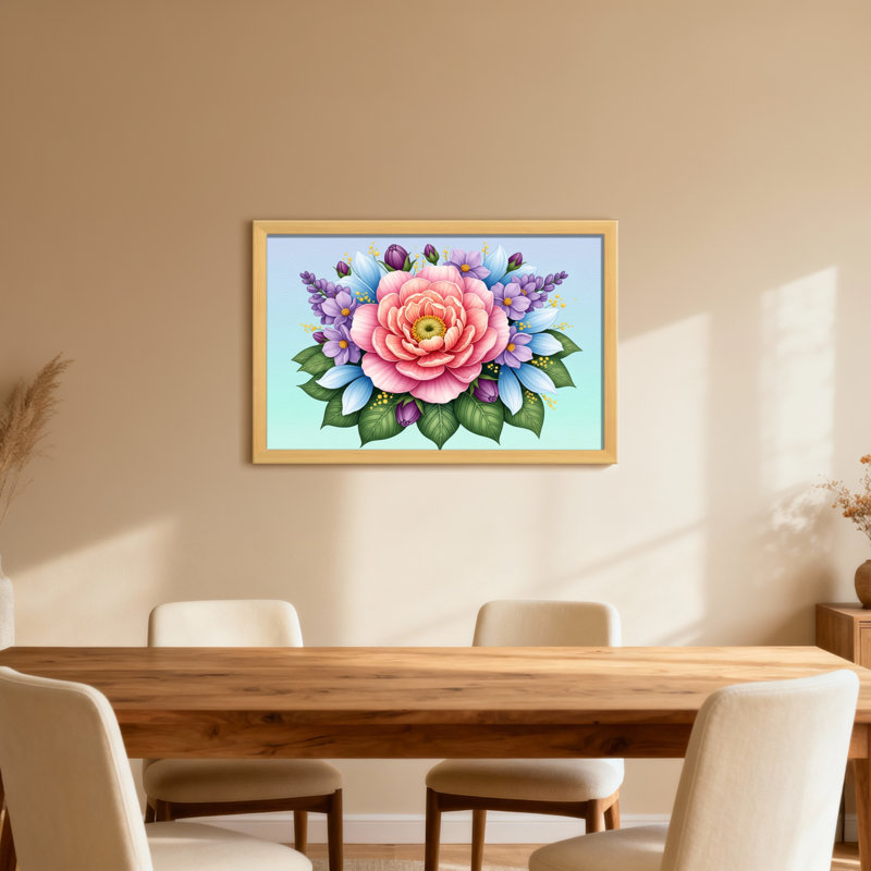 Bouquet de plantes et de fleurs avec rose rose et fleurs mauves, H 20 po x l 30 po, Toile tendue, Ne s’applique pas
