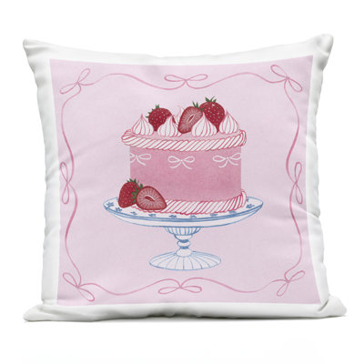 Pink Strawberry Cake Outdoor Printed Pillow, design by Grace Popp, 18 x 7 x 18