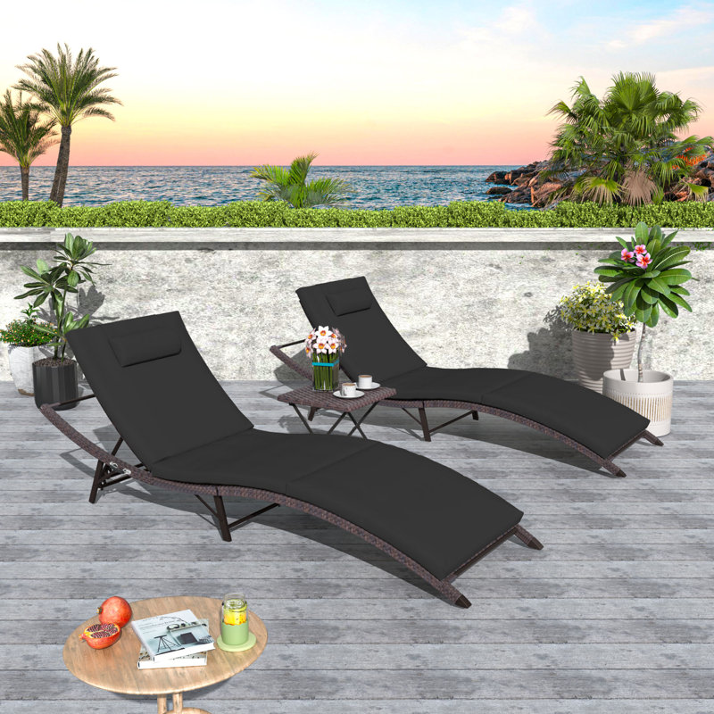 2-Piece Foldable "S"-Shaped Reclining Chaise Lounge Set With Adjustable Backrest And Foldable Rattan Coffee Table, Black
