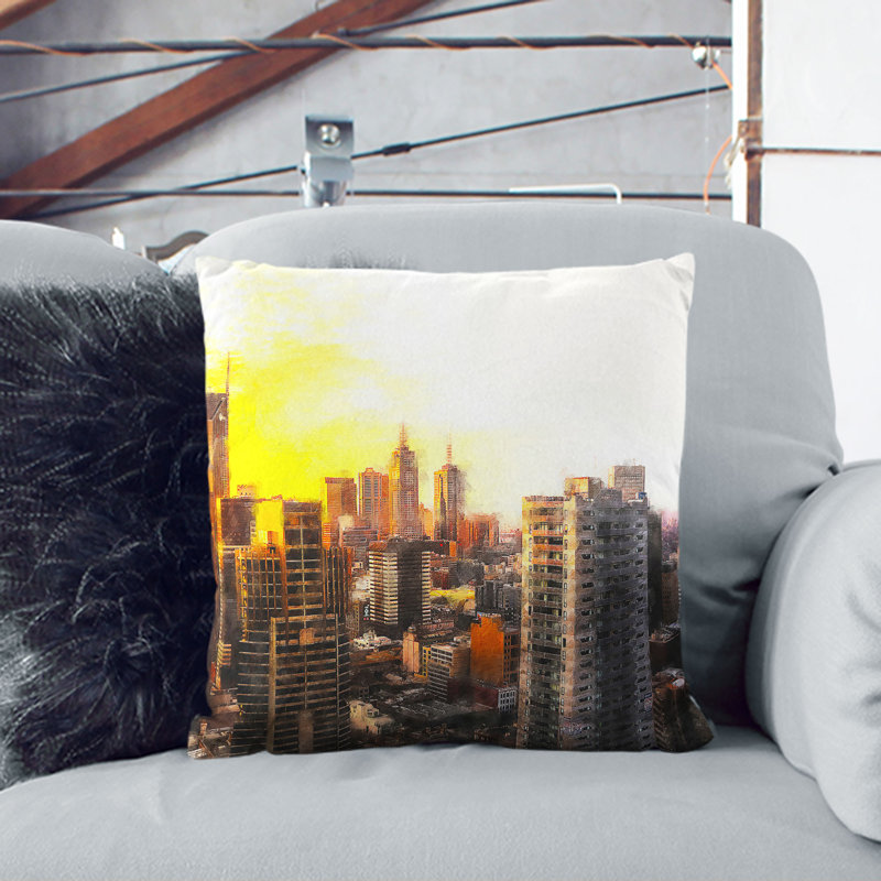 Melbourne Australia Skyline Painting Cushion with Filling, 55cm H x 55cm W x 20cm D