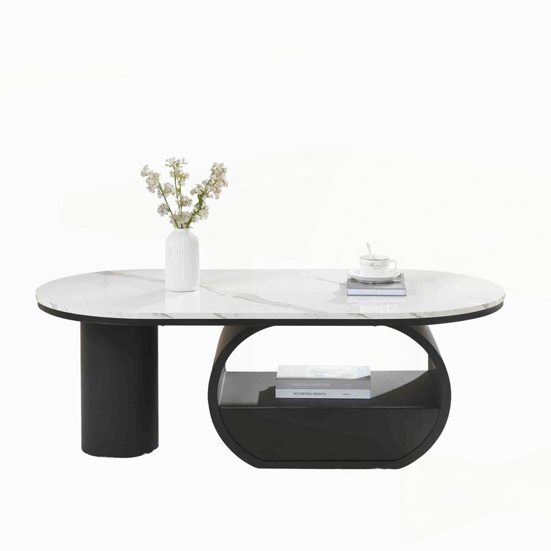 Table basse ovale de luxe, table basse 47,24 po avec tiroir de rangement Luxury, White / Black