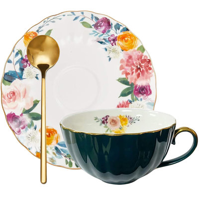 8 oz Floral Bone China Teacup and Saucer Set with Spoon, Single Serve Coffee Cappuccino Latte Mug, Ideal for Birthday Christmas Home Gift
