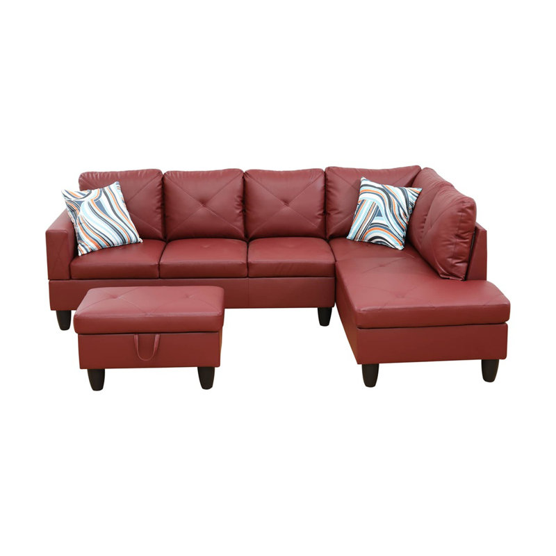 Halid Wide Sofa & Chaise with Ottoman, Right Hand Facing, Faux Leather Burgundy