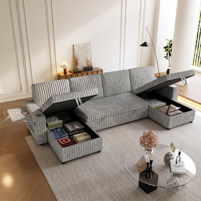 U Shaped Sleeper Sofa, 122 inch Overisze - 2 in 1 Pull Out Bed, Sectional Sleeper Sofa with Double Storage Chaise for Living Room, Corduroy Fabric Couch