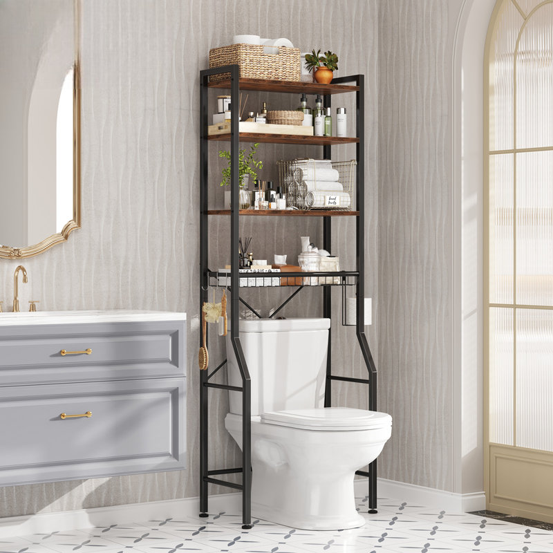 68" Industrial Over-the-Toilet Storage Rack, 4-Tier Space-Saving Bathroom Organizer with Manufactured Wood Shelves and Metal Frame, Black