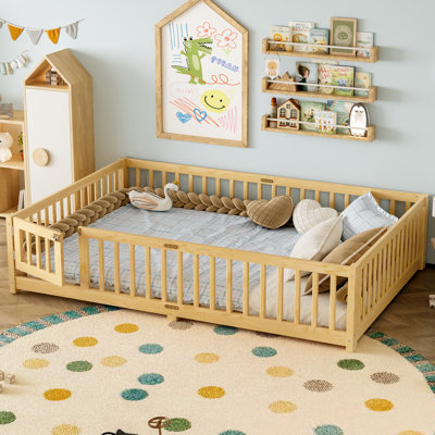 Queen Size Floor Bed With Door,kids Montessori Floor Bed With Slats And Fence,solid Wood Queen Bed Frame by Harriet Bee