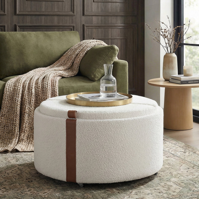 Round Upholstered Storage Ottoman With Wheels, Coffee Table With Reversible Top
