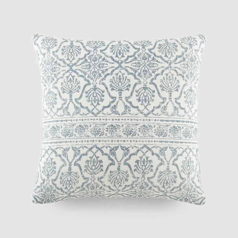 Antique Floral Cotton Throw Pillow, Light Blue