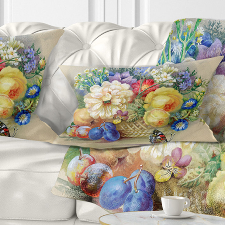 Coussin floral à fleurs et fruits, Carré 16 po x 16 po
