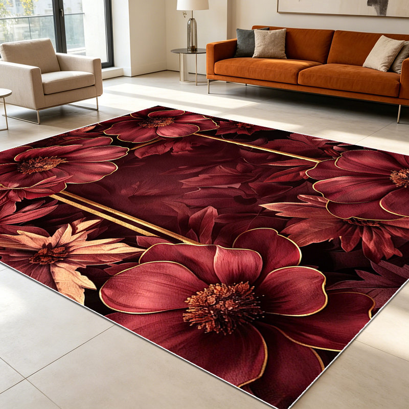 1PC Burgundy Red Floral Gold Frame area rugs for Living Room, Soft and Comfortable, Suitable for all seasons, easy-to-maintain, machine washable Indoor floor mat, Under Table Farmhouse suitable for dining table, bedroom, entryway, kitchen, hallway,