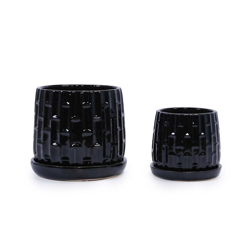 Set of 2 Ceramic Flowerpot, 7" Modern Planter for Patio, Garden, Windowsill, Black