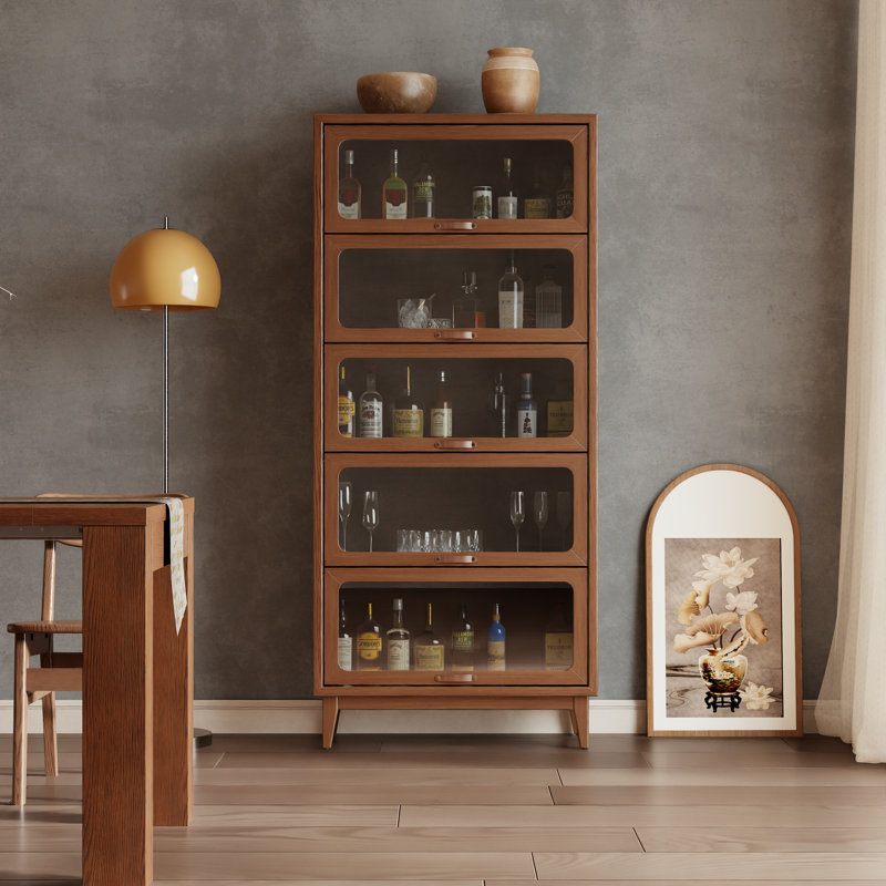 Solid Wood Flip-Top Glass Door Bookshelf Cabinet, Mid-Century Modern Display Storage Cabinet with Leather Handles , Brown