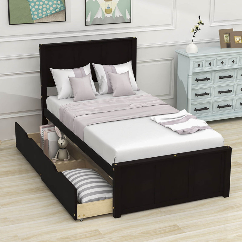 Twin Size 2 Drawers Wooden Platform Bed with Headboard, Espresso