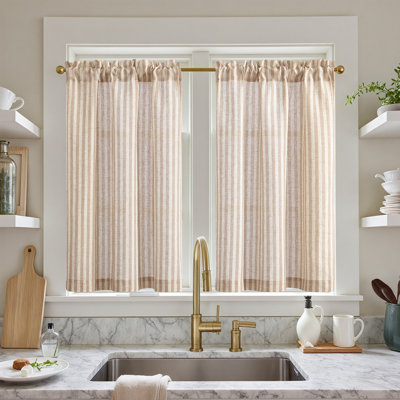 Linen Rod Pocket  Light Filtering Striped Kitchen Cafe Curtains Curtains