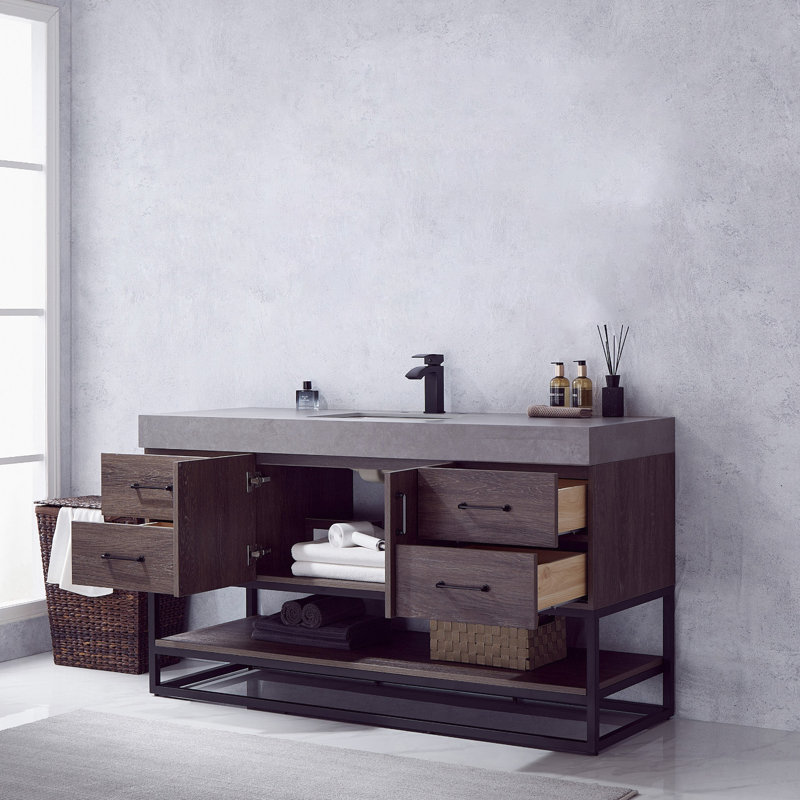 Ensemble de meuble-lavabo simple 60 po Alistair, Noir mat, Chêne naturel, Blanc