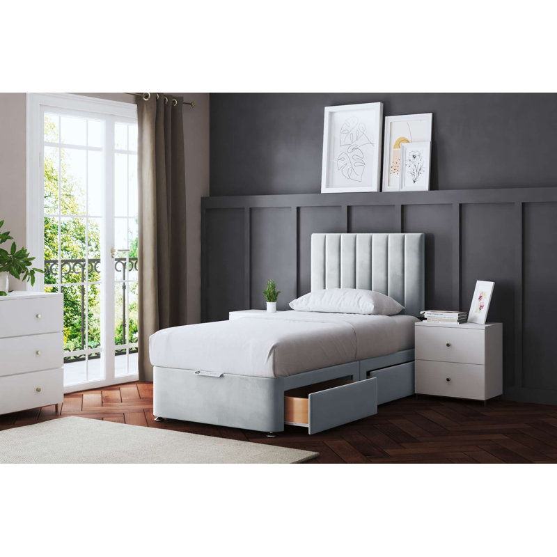  Upholstered Panel 2 Draw Divan Bed with Headboard, Single (3'), Silver