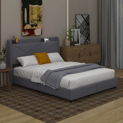 Queen Size Upholstery Platform Bed With Storage Headboard, LED, USB Charging And 2 Drawers -  Ivy Bronx, 981686BD703B4B7D925CCEC11961D161