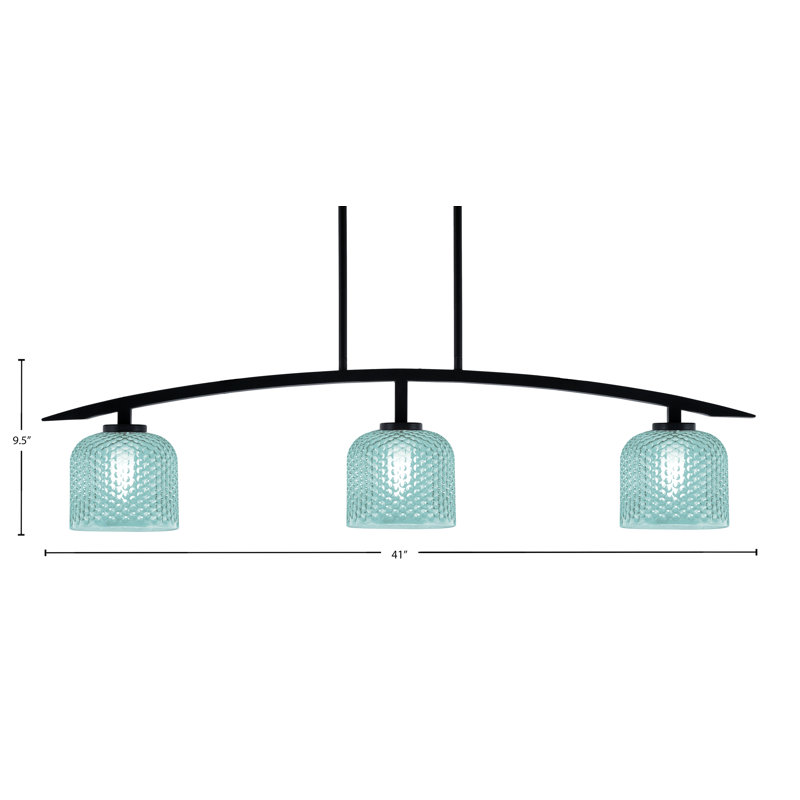 Luminaire insulaire 3 lumières kurve au fini noir mat avec verre texturé turquoise de 6 po