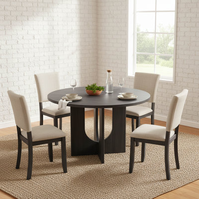 Modern 5-Piece Round Dining Set, 47.3 Inch Table with 4 Upholstered Chairs, Antique Black and Beige Kitchen Table Set