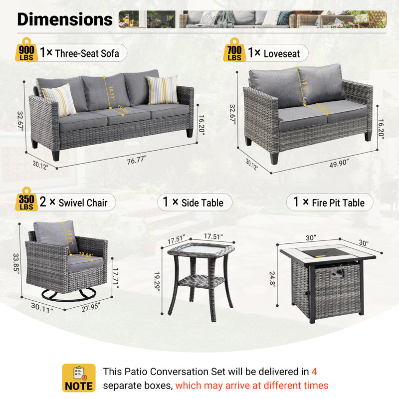 Lovall Rattan Wicker 7 - Person Seating Group with Fire Pit and Cushions, Dark Grey